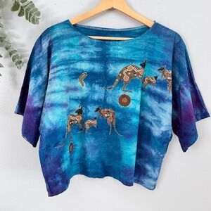Vtg Crop Top Tie Dye Artsy Hippie Beachy Kangaroo Aboriginal Australia Boxy Blue